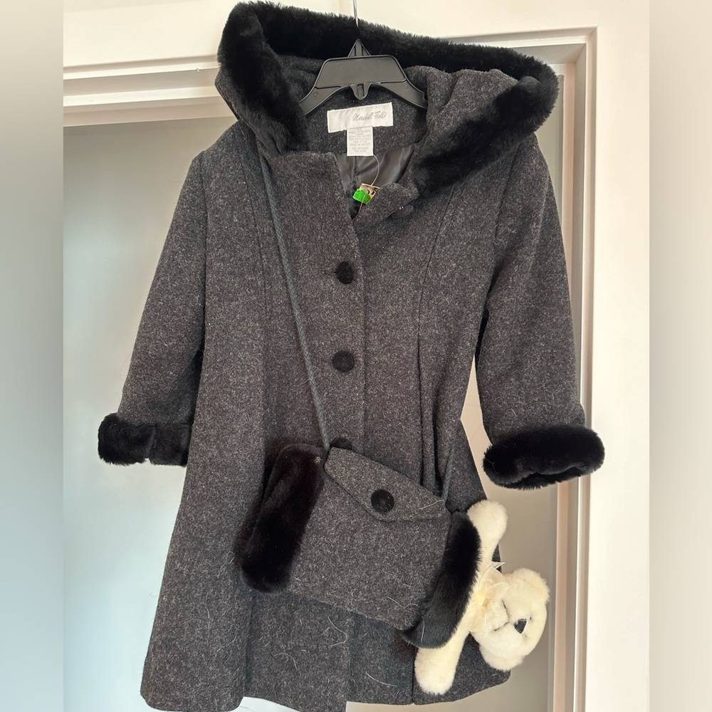 Vintage Marshall Fields toddler wool coat with faux fur trim, muffler, and teddy